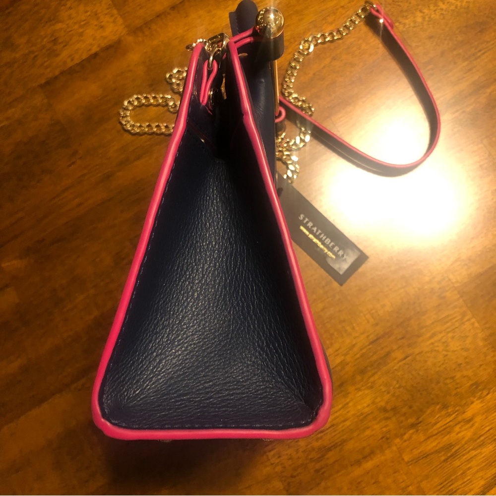 Strathberry Navy Leather Mini Top-Handle Crossbody with Pink Trim - Picture 11 of 16
